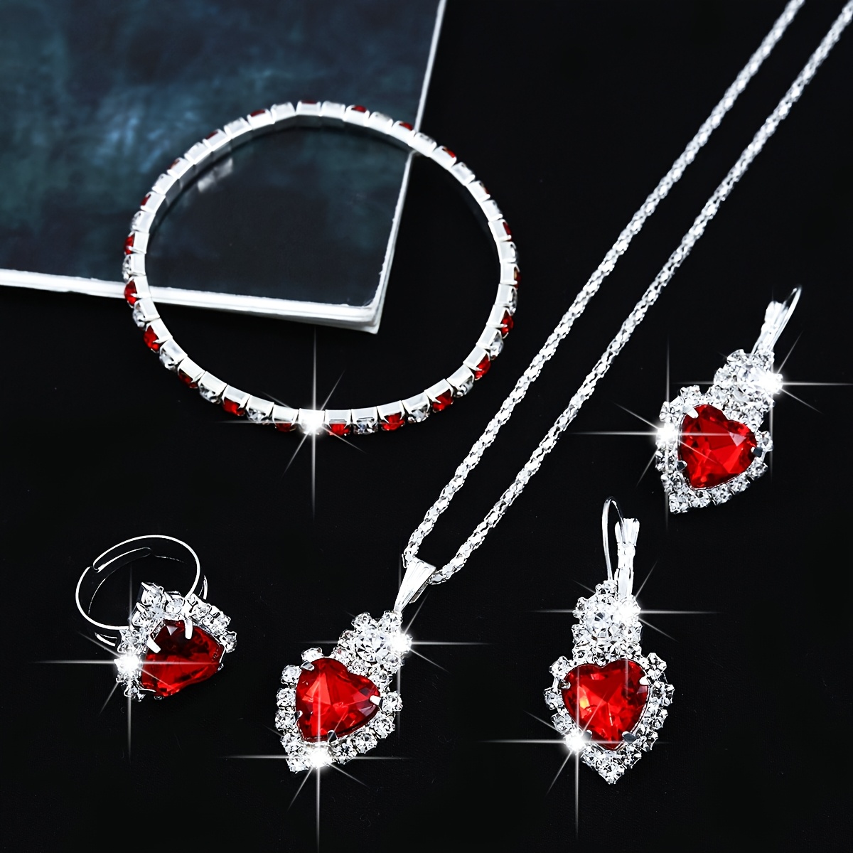 5pc Women's Heart-shaped Rhinestone Jewelry Set